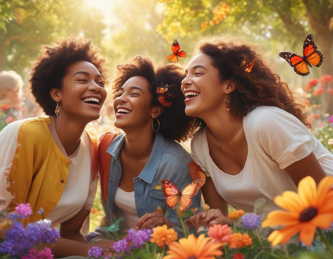 A bright and uplifting scene featuring a diverse group of people sharing joyful moments, like laughing and creating art together in a sunlit park. Colorful flowers and butterflies surround them, symbolizing inspiration and positivity. Incorporate light, warm tones to enhance the cheerful atmosphere. super-realistic. vibrant colors. soft background.