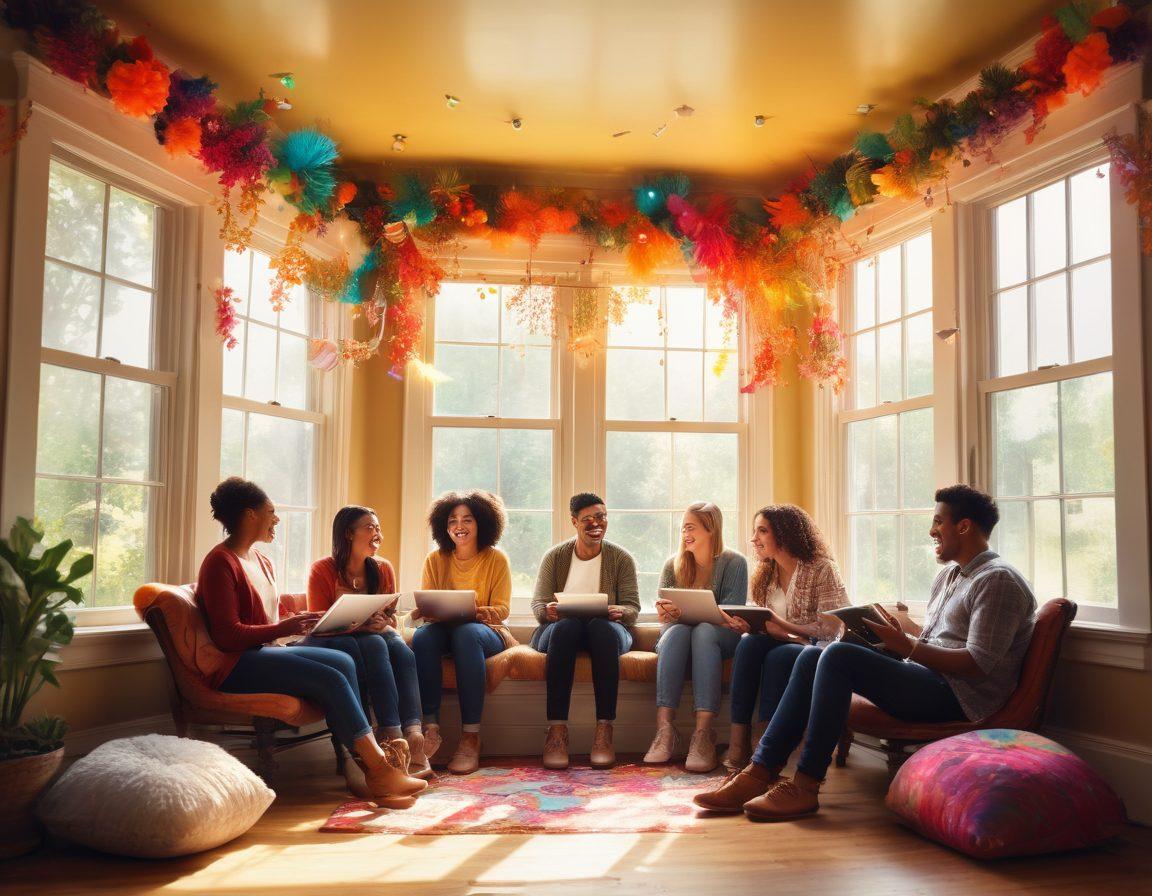 A warm, inviting scene showcasing a diverse group of people sitting together, sharing laughter and creativity while surrounded by colorful decorations and uplifting quotes floating in the air. Bright sunlight pouring in through a window creates a cheerful atmosphere. Elements of digital content, like tablets and notebooks, are scattered around, symbolizing joyful content creation. vibrant colors. super-realistic. cozy and inspiring setting.
