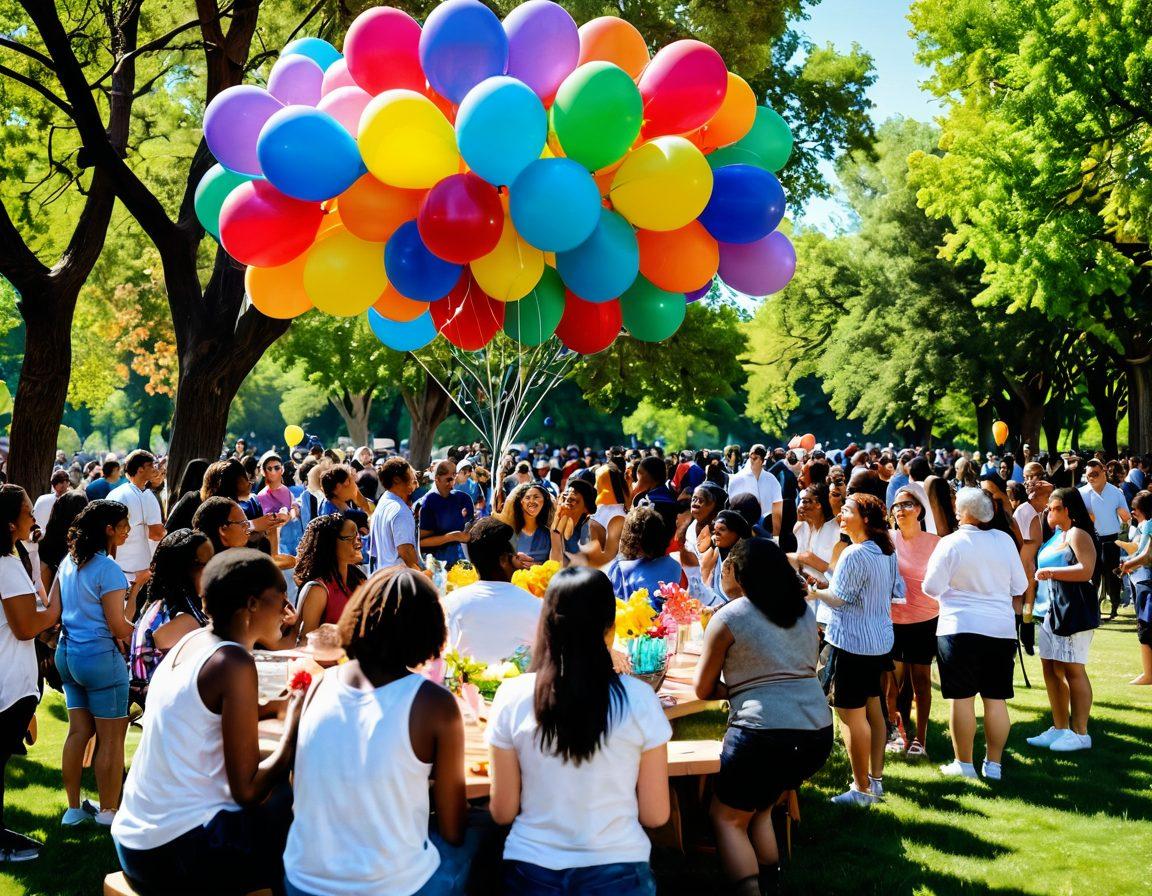A vibrant community gathering in a sunlit park, people of diverse backgrounds joyfully creating art and sharing stories, surrounded by colorful balloons and blooming flowers, reflecting unity and happiness. The atmosphere is filled with laughter and connection. super-realistic. vibrant colors. soft focus.